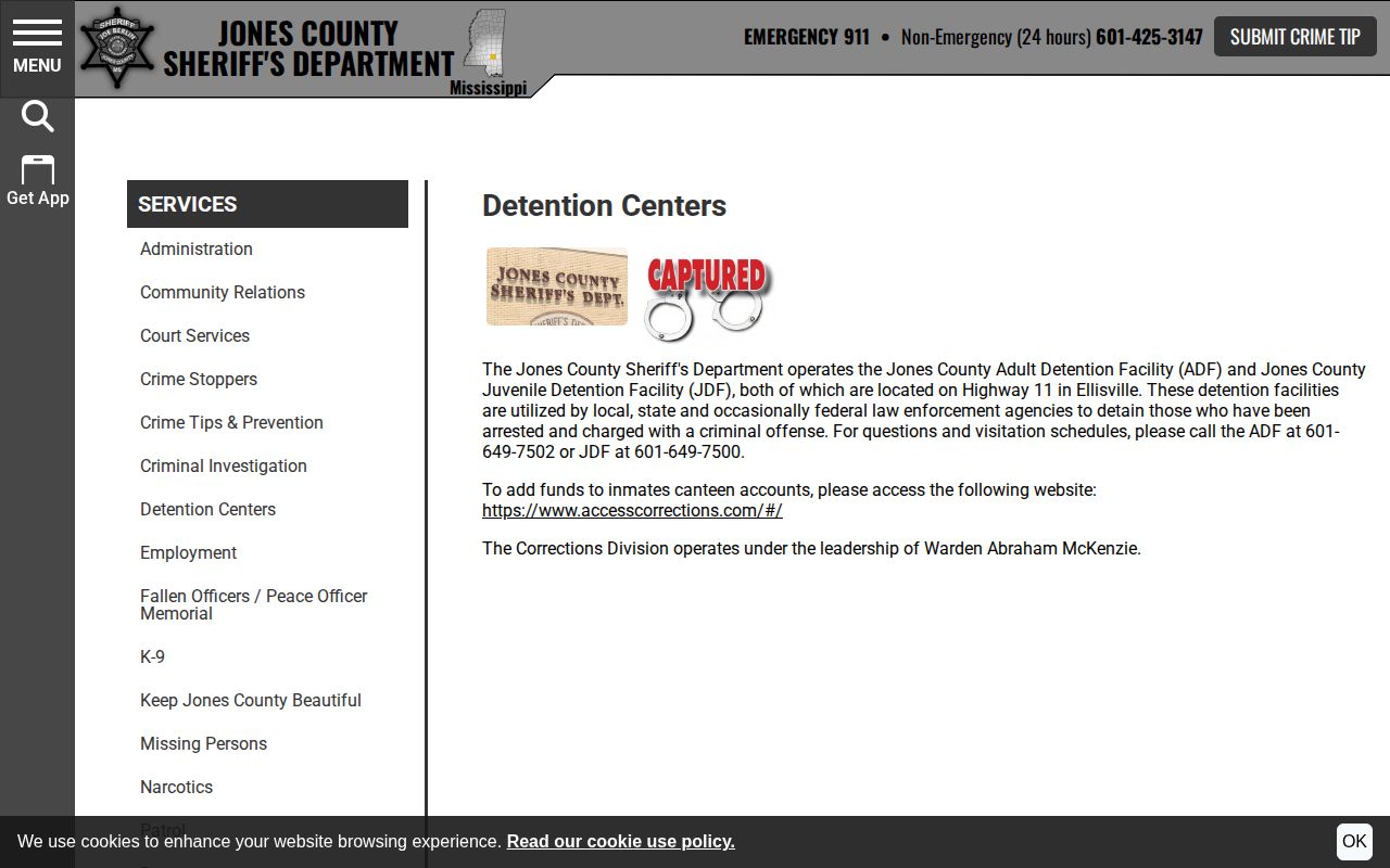 Jones County detention facility release and agency facts