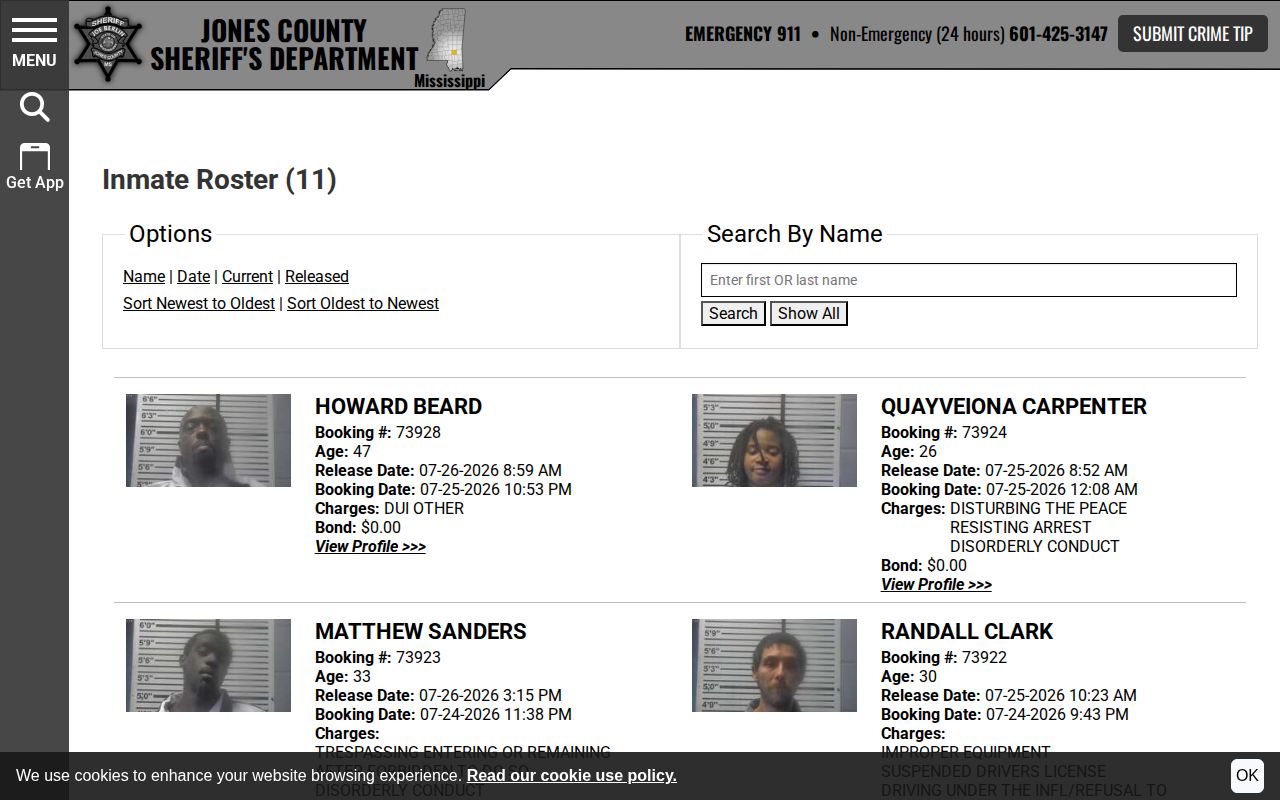 Jones County released inmate records sorted by release time